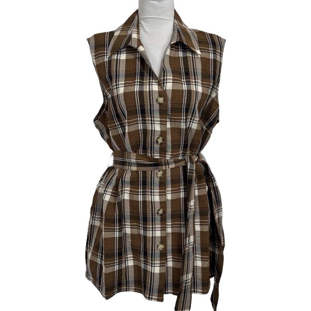 White Stag Brown Plaid Sleeveless Tunic with Belt